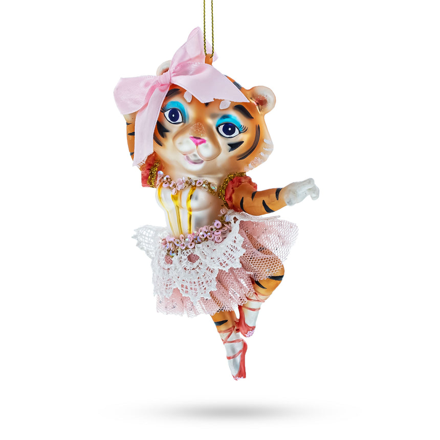 Glass Elegant Lady Tiger in Pink Dress Glass Christmas Ornament in Multi color