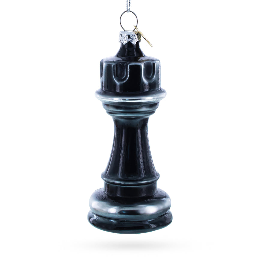 Glass Black Rook (Castle) Chess Glass Christmas Ornament in Black color