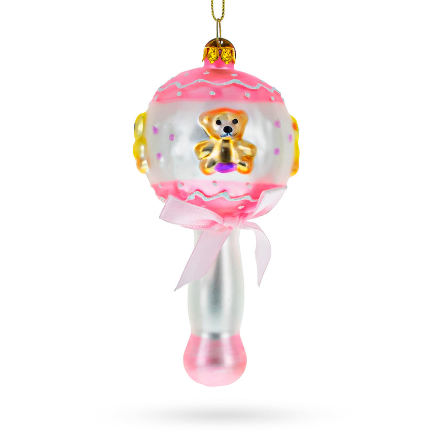 Glass Delightful Baby Pink Rattle Blown Glass Christmas Ornament in Multi color