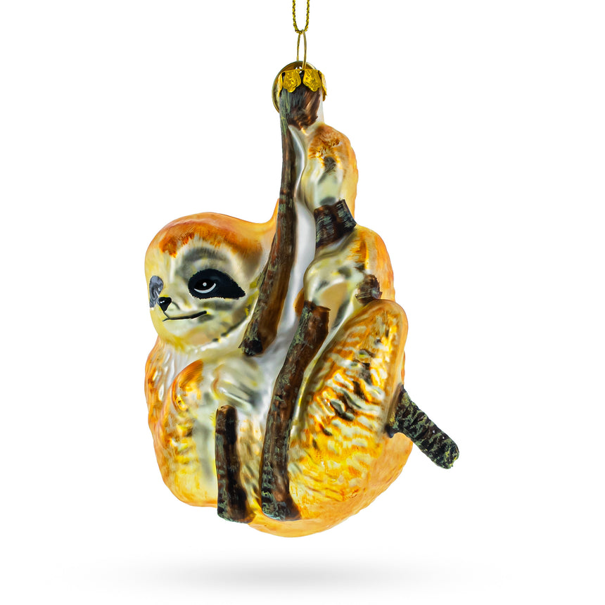 Glass Relaxed Hanging Sloth Blown Glass Christmas Ornament in Yellow color