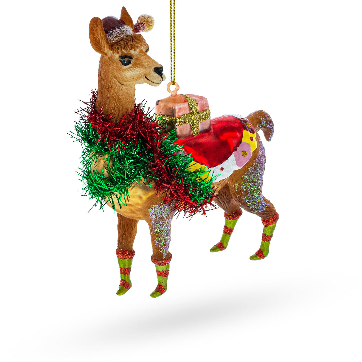 Glass Festive Lama with Gifts Blown Glass Christmas Ornament in Brown color