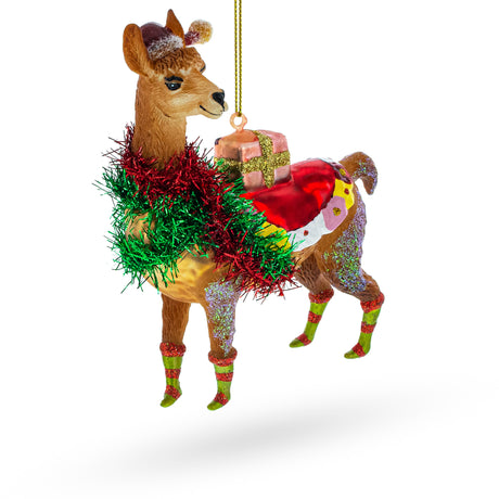 Glass Festive Lama with Gifts - Blown Glass Christmas Ornament in Brown color