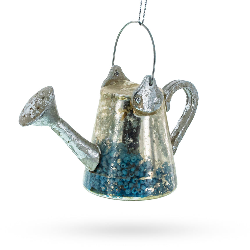 Glass Rustic Metal Watering Can Blown Glass Christmas Ornament in Silver color