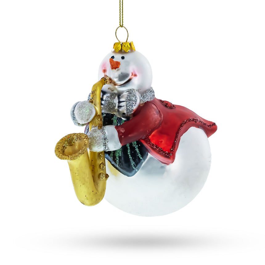 Glass Jazzy Snowman Playing Saxophone Glass Christmas Ornament in Multi color