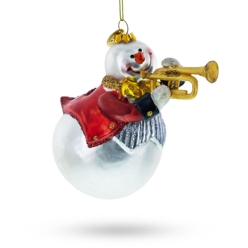 Glass Festive Snowman Playing Trumpet Glass Christmas Ornament in Multi color