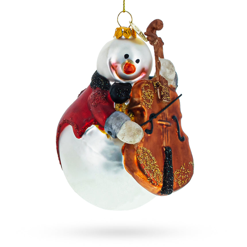 Glass Whimsical Snowman Playing Cello Glass Christmas Ornament in Multi color