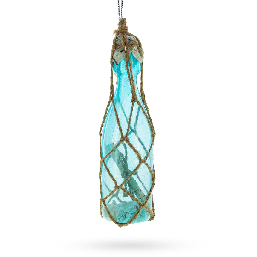 Glass Nautical Sea Bottle with Sand Blown Glass Christmas Ornament in Blue color