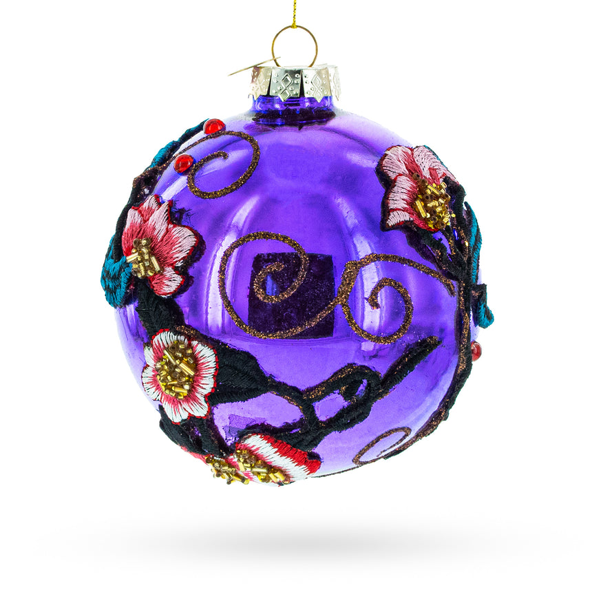 Glass Embroidered Flowers on Purple Blown Glass Ball Christmas Ornament in Purple color Round