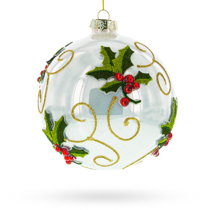 Glass Embroidered Poinsettia Blown Glass Ball Christmas Ornament in White color Round