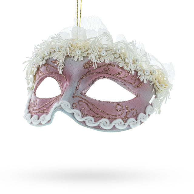 Glass Whimsical Carnival Mask - Blown Glass Christmas Ornament in Pink color