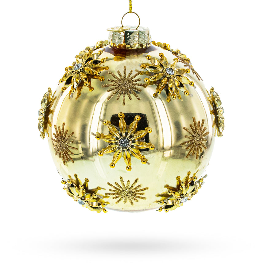 Glass Jeweled Snowflakes Adorning a Golden Glossy Blown Glass Ball Christmas Ornament in Gold color Round