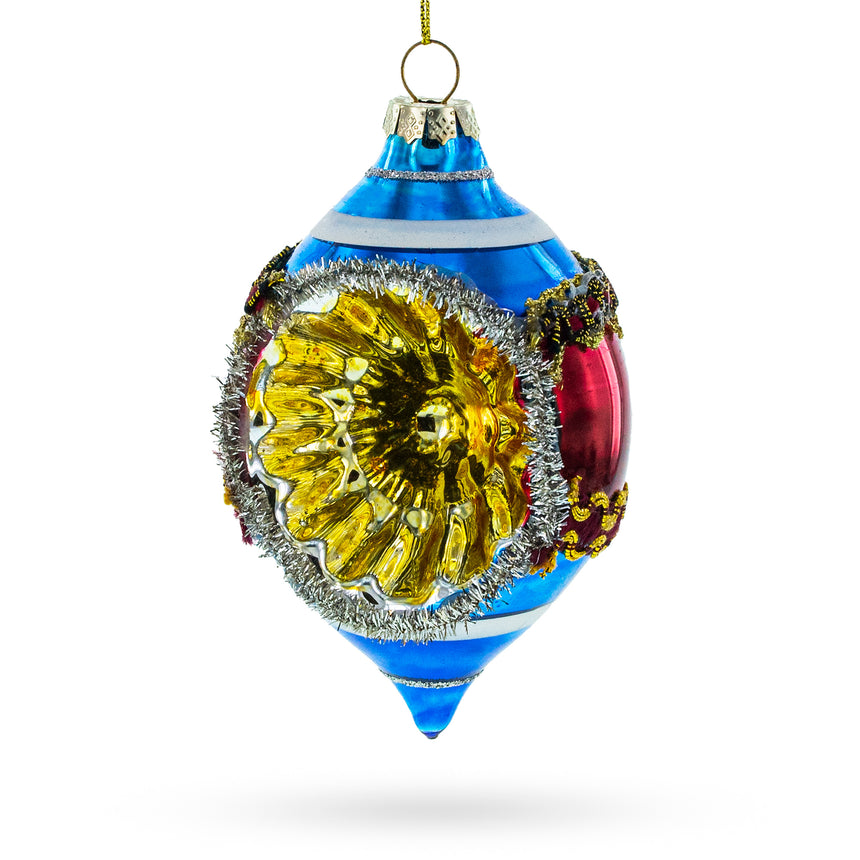 Glass Retro Reflection Blue Retro-Inspired Blown Glass Christmas Ornament in Multi color Rhombus