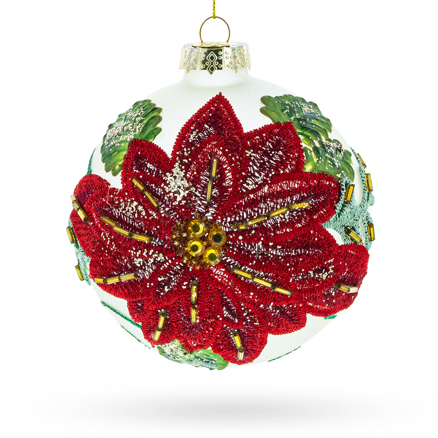 Glass Beaded Red Flower Adorning Glass Ball Christmas Ornament in Red color Round