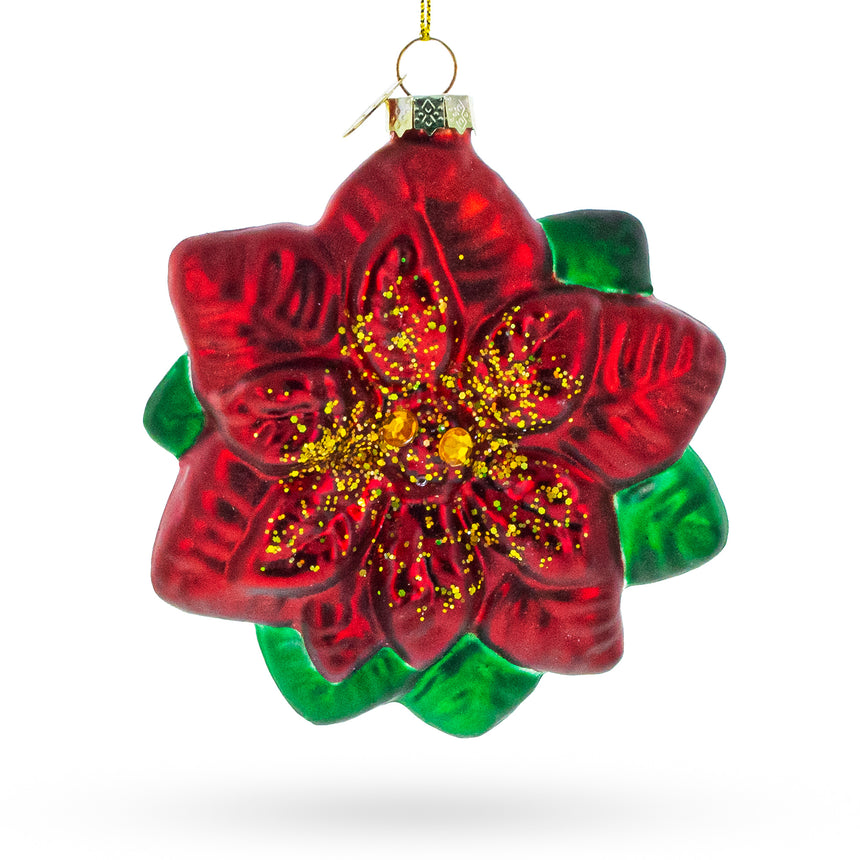 Glass Exquisite Poinsettia Flower Blown Glass Christmas Ornament in Red color