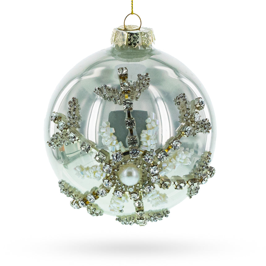 Glass Silver Glitter Snowflake Blown Glass Ball Christmas Ornament in Silver color Round