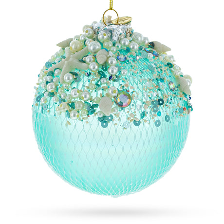 Glass Nautical-Themed Blown Glass Christmas Ornament in Blue color Round