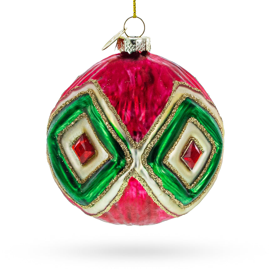 Glass Vintage-Inspired Multicolored Blown Glass Christmas Ornament in Red color Round