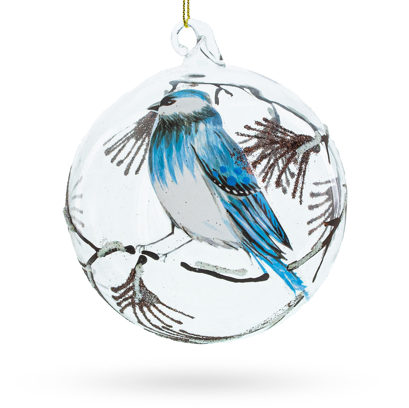 Glass Blue Bird  Serene Blown Ball Glass Christmas Ornament in Clear color Round