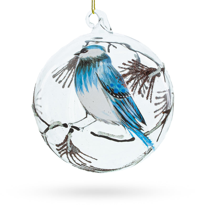 Glass Blue Bird  Serene Blown Ball Glass Christmas Ornament in Clear color Round