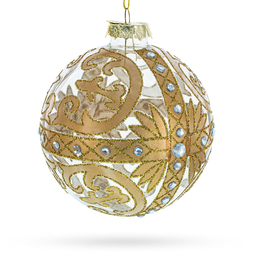 Glass Gold Scroll with Jewel Accents Glass Ball Christmas Ornament in Gold color Round