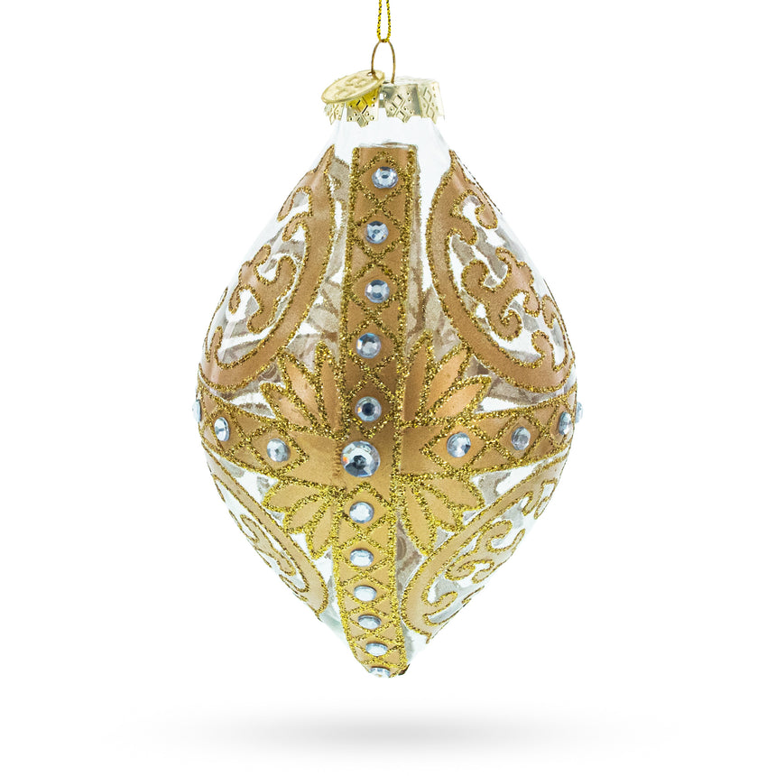 Glass Gold Scroll with Jewel Accents Elegant Rhombus Finial Blown Glass Christmas Ornament in Gold color Rhombus