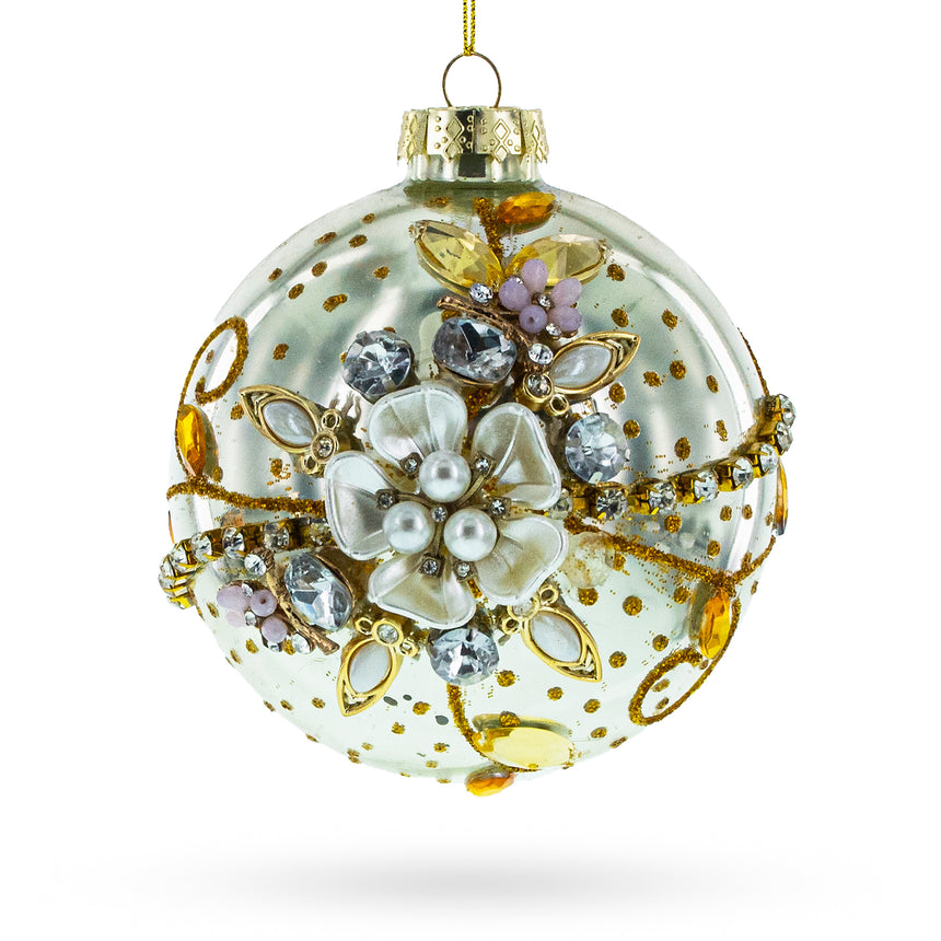 Glass Jeweled Flowers Blown Glass Ball Christmas Ornament in Silver color