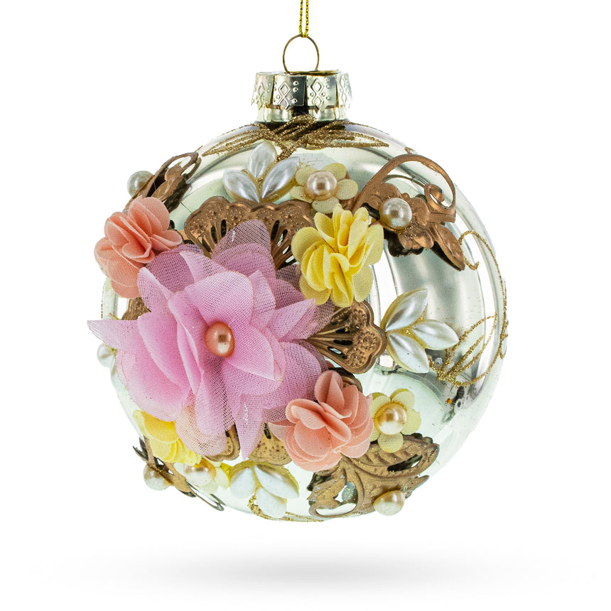 Glass Fabric Flowers on Glass Ball Artistic Blown Glass Christmas Ornaments Ornament in Silver color