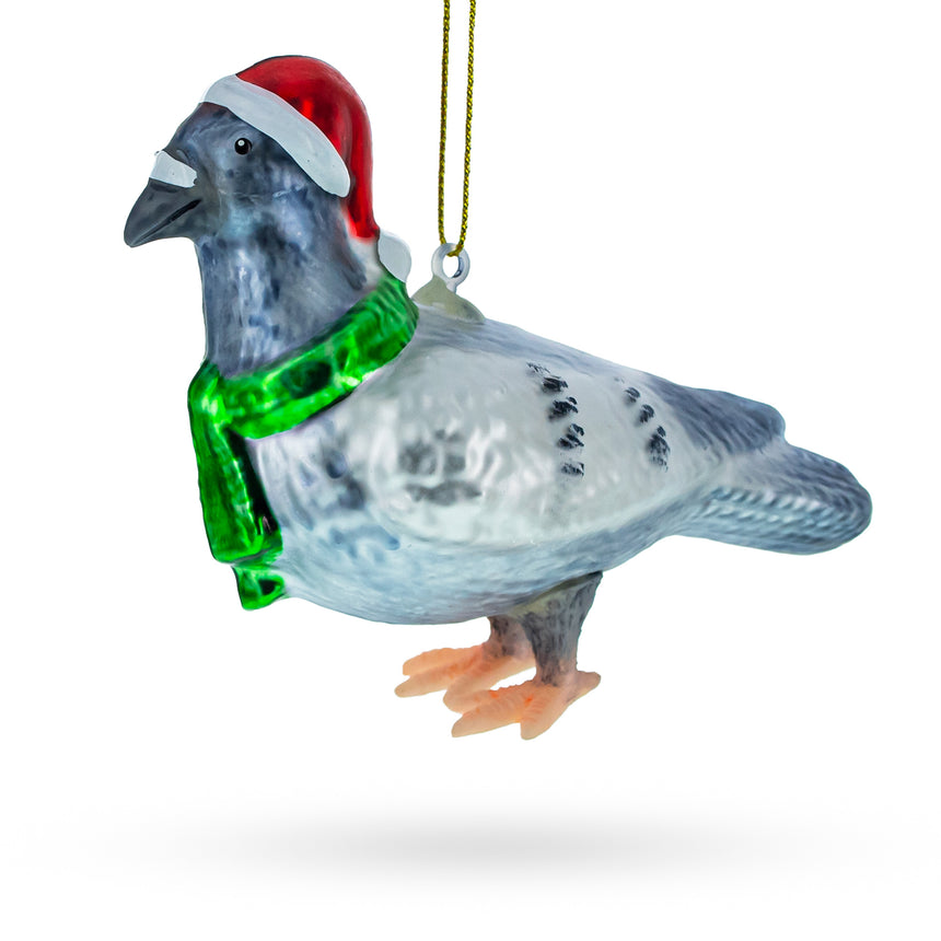 Glass Festive Santa Hat-Wearing Pigeon Glass Christmas Ornament in Gray color