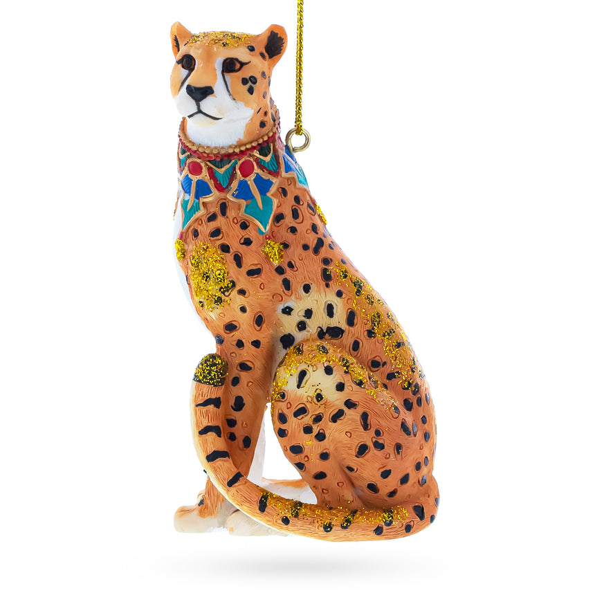 Glass Jaguar with Bow Blown Glass Christmas Ornament in Gold color