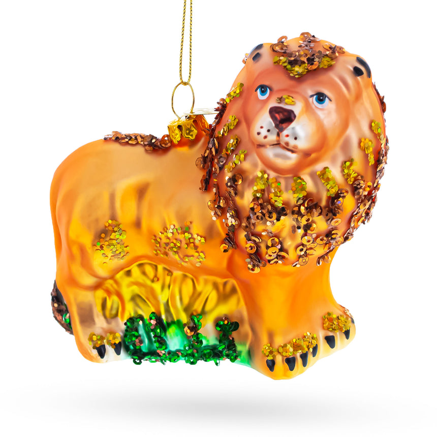 Glass Lion on the Grass Blown Glass Christmas Ornament in Gold color