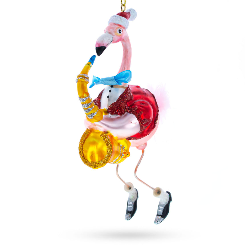 Glass Flamingo Playing Saxophone Blown Glass Christmas Ornament in Multi color