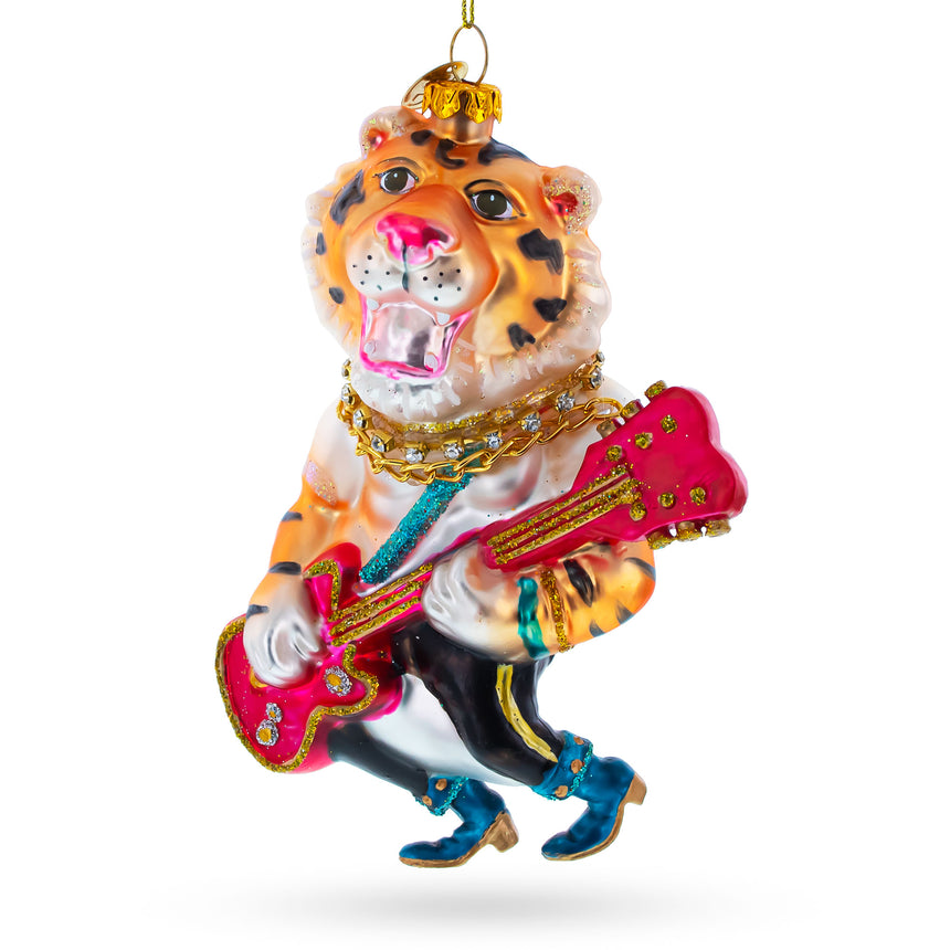 Glass Tiger Playing Bass Guitar Blown Glass Christmas Ornament in Gold color