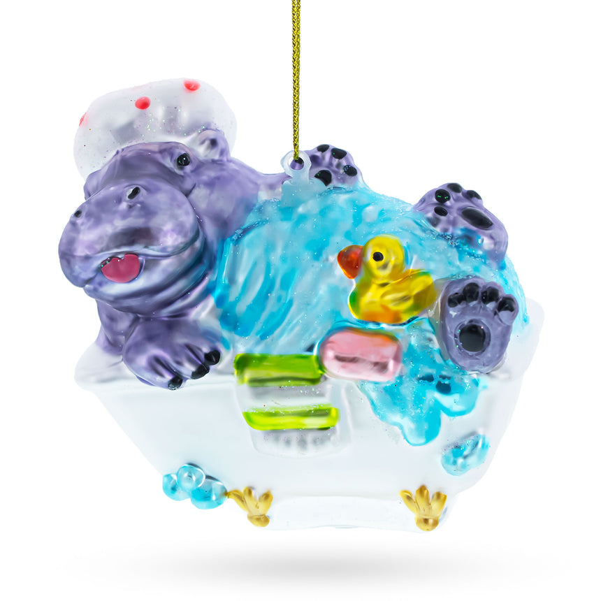 Glass Hippo Taking Bath Blown Glass Christmas Ornament in Multi color