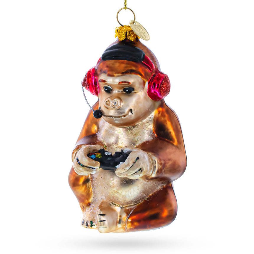 Glass Monkey Video Gamer Blown Glass Christmas Ornament in Gold color