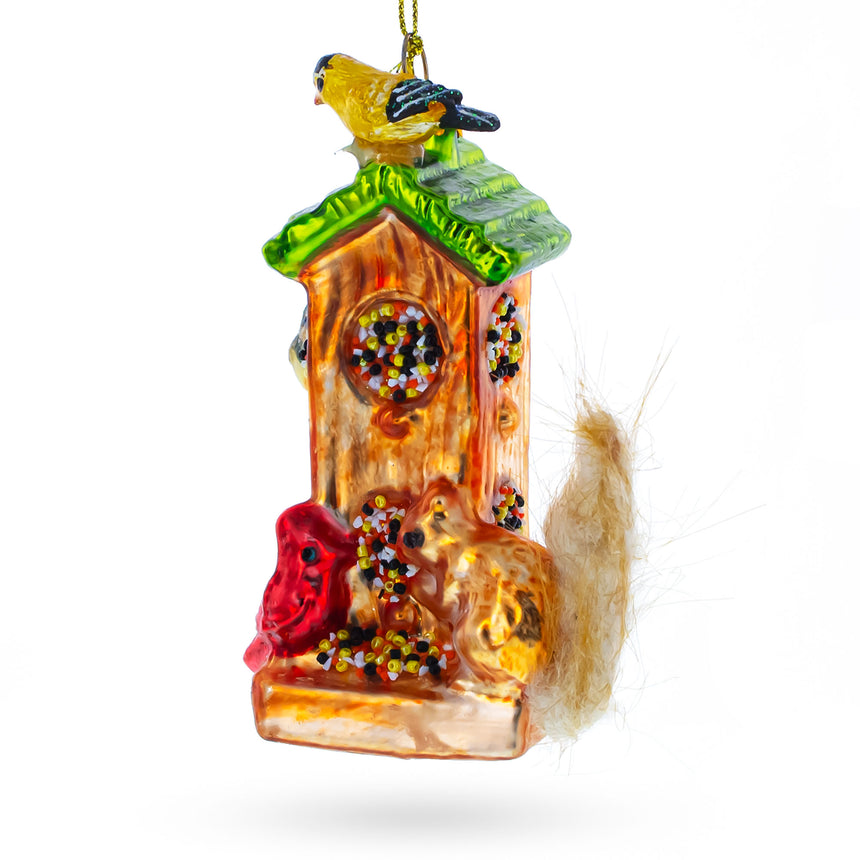 Glass Birds and Squirrel at Birdfeeder Glass Christmas Ornament in Multi color