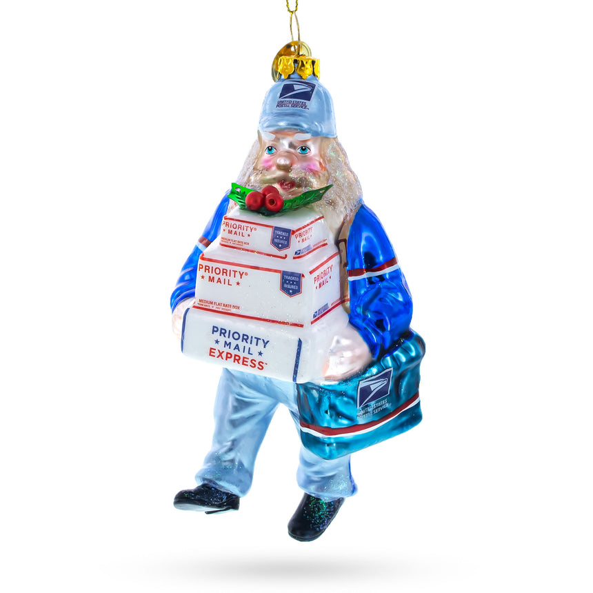 Glass Mailman Delivering Priority Mail Glass Christmas Ornament in Blue color