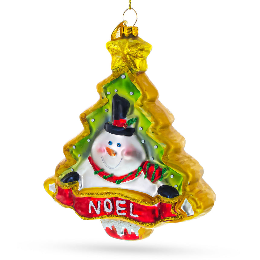 Glass Snowman NOEL Christmas Tree Blown Glass Ornament in Green color Triangle