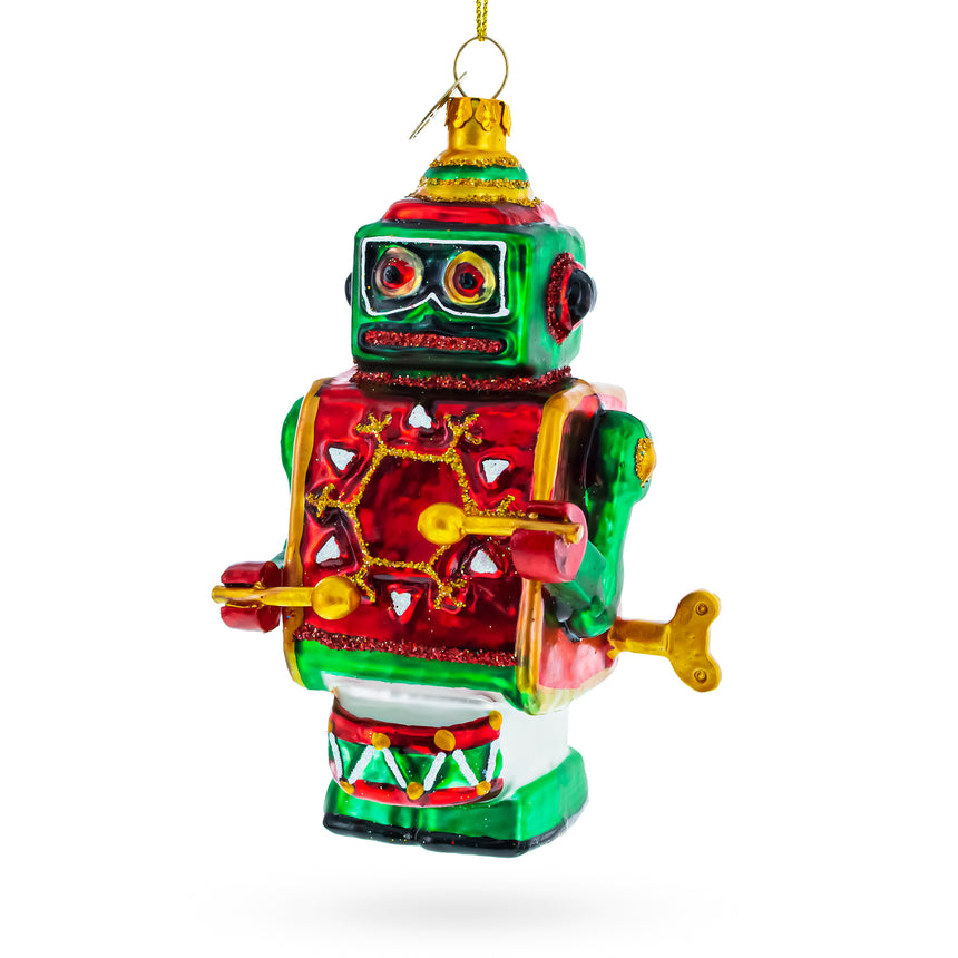 Glass Robot-Drummer Blown Glass Christmas Ornament in Multi color