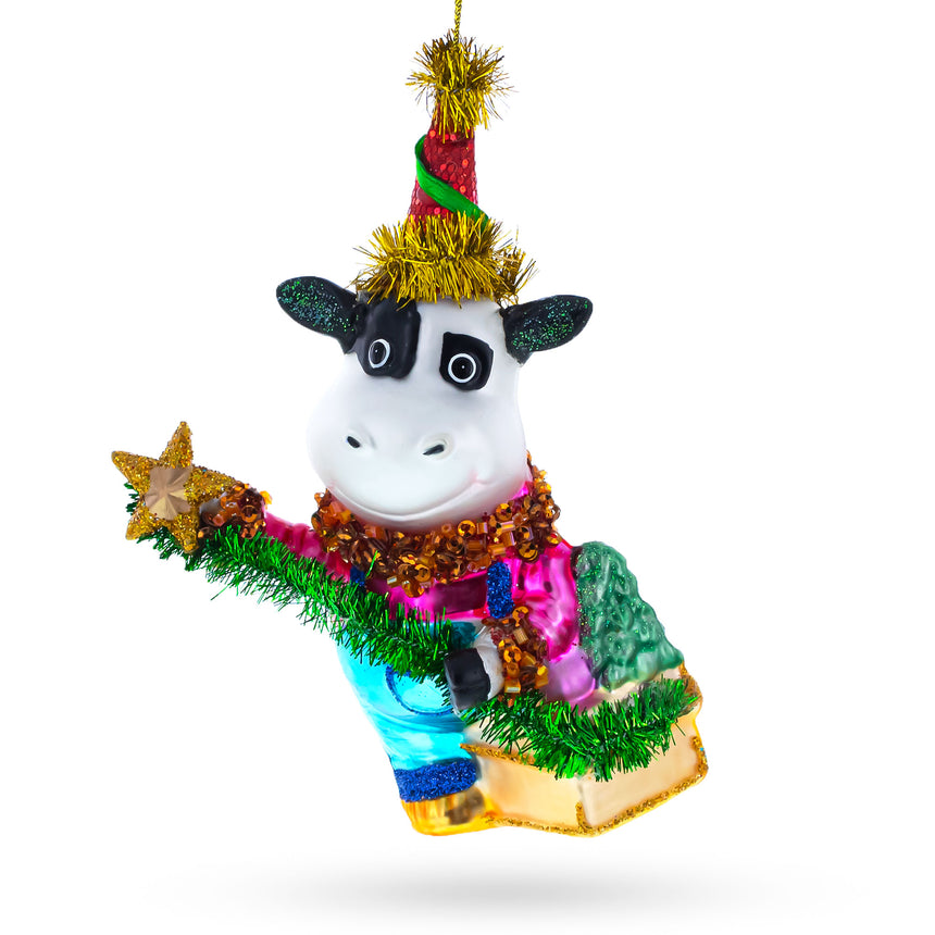 Glass Cow Riding a Star Blown Glass Christmas Ornament in Multi color