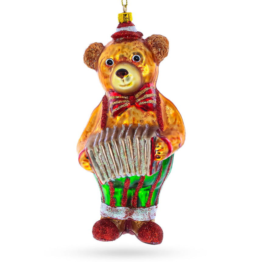 Glass Bear Playing on Accordion Blown Glass Christmas Ornament in Pink color