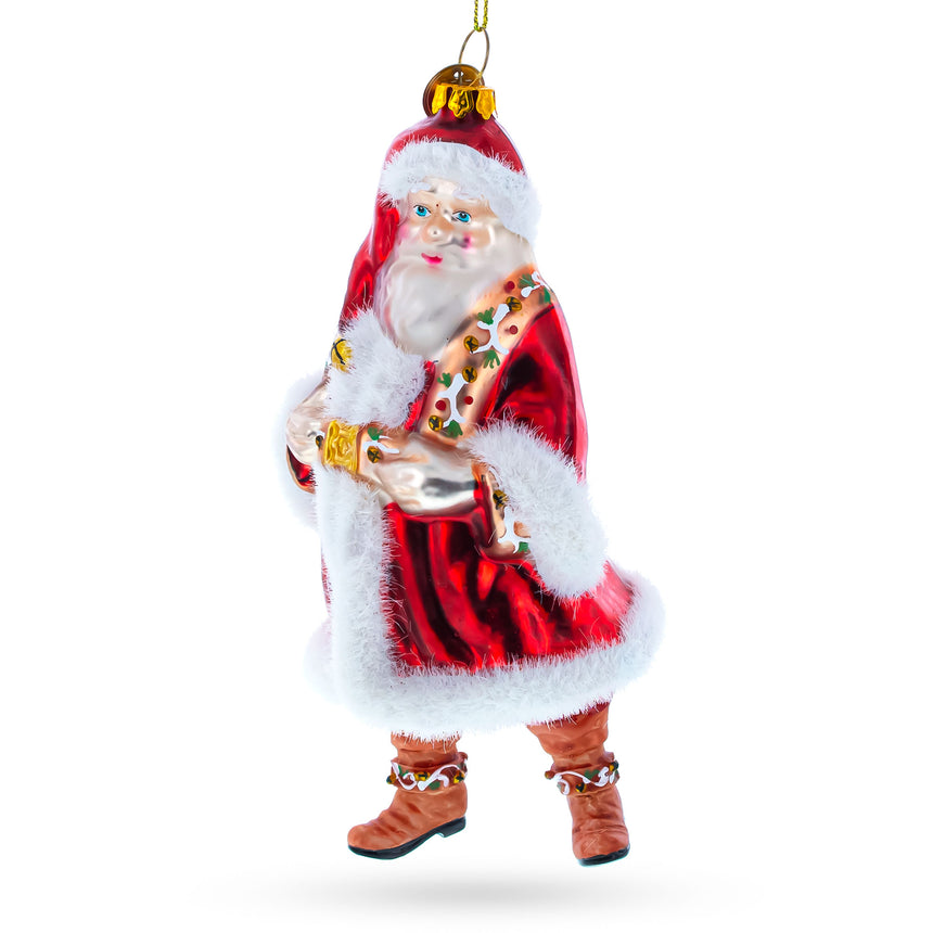 Glass Classic Santa in Fur Coat and Red Hat Blown Glass Christmas Ornament in Red color