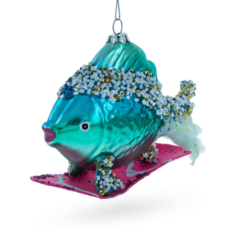 Glass Cool Blue Fish Surfing Wave Blown Glass Christmas Ornament in Blue color