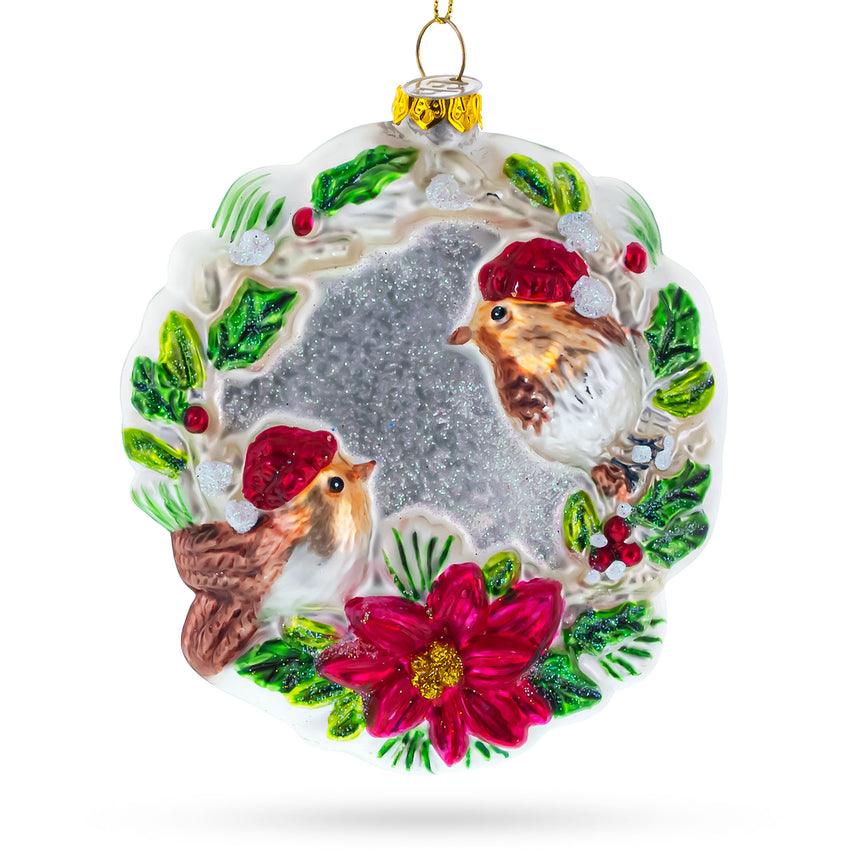 Glass Birds on a Wreath Blown Glass Christmas Ornament in Multi color