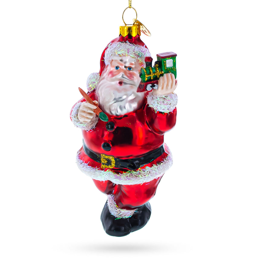 Glass Santa Decorating the Train Blown Glass Christmas Ornament in Multi color