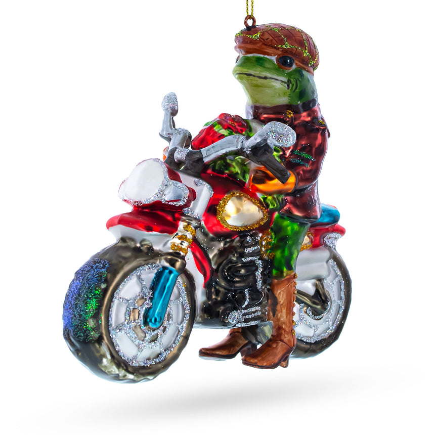 Glass Fashionable Frog Riding Motorcycle Glass Christmas Ornament in Multi color