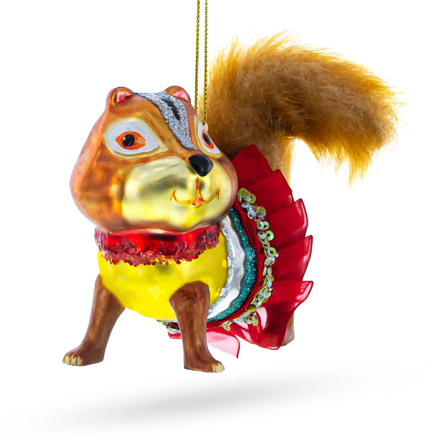 Glass Chipmunk Wearing Dress Blown Glass Christmas Ornament in Multi color