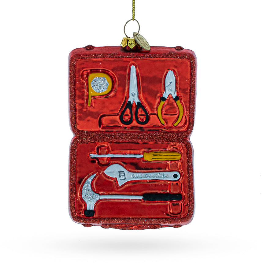 Glass Handyman with Toolbox Blown Glass Christmas Ornament in Red color