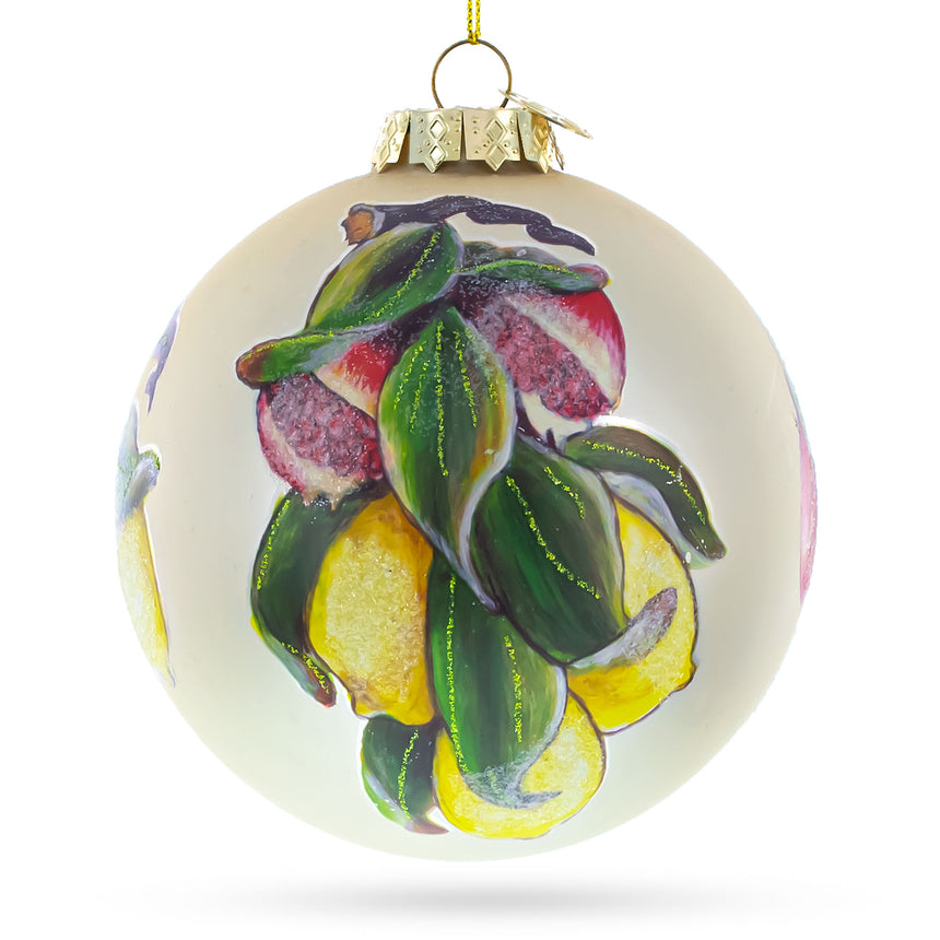 Glass Lemons and Pomegranate on a Branch Glass Christmas Ornament in Multi color