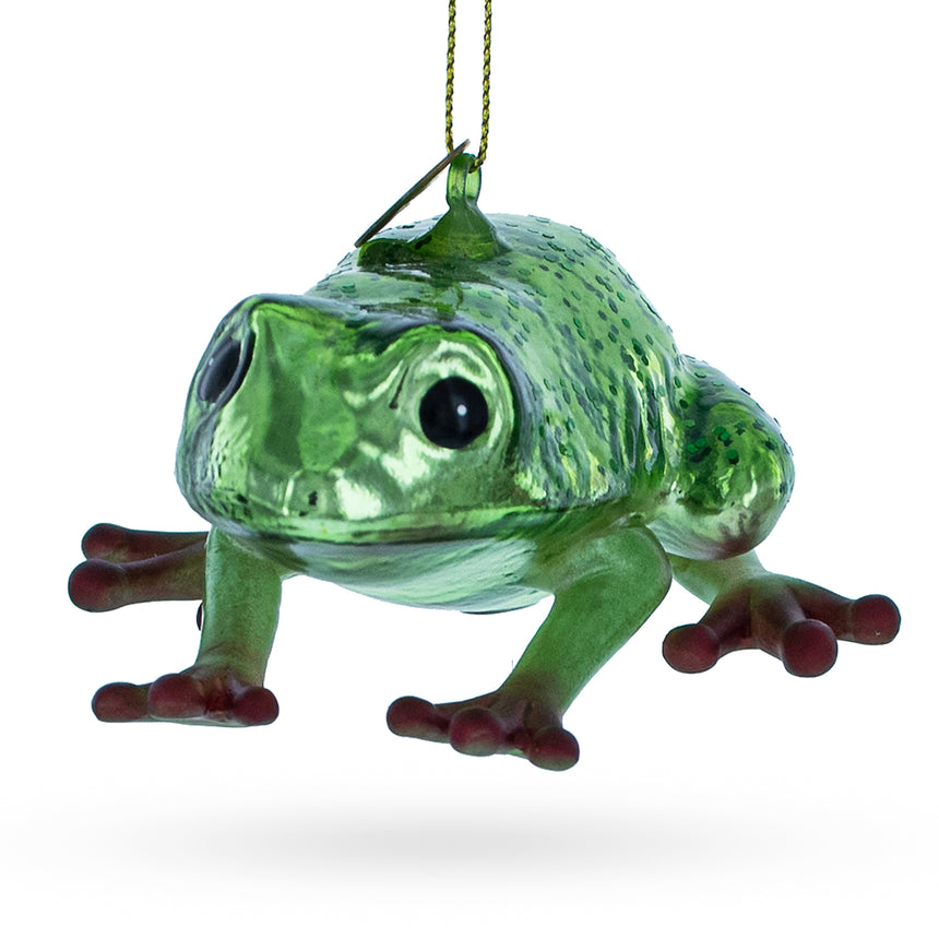 Glass Green Frog Blown Glass Christmas Ornament in Green color