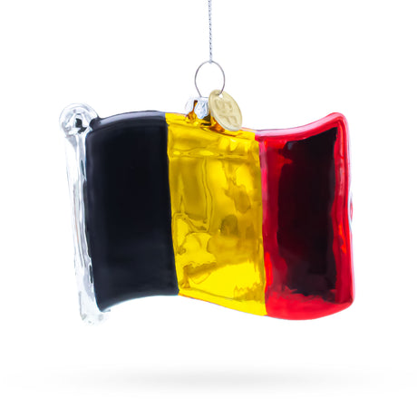 Glass Waving Flag of Belgium Blown Glass Christmas Ornament in Multi color